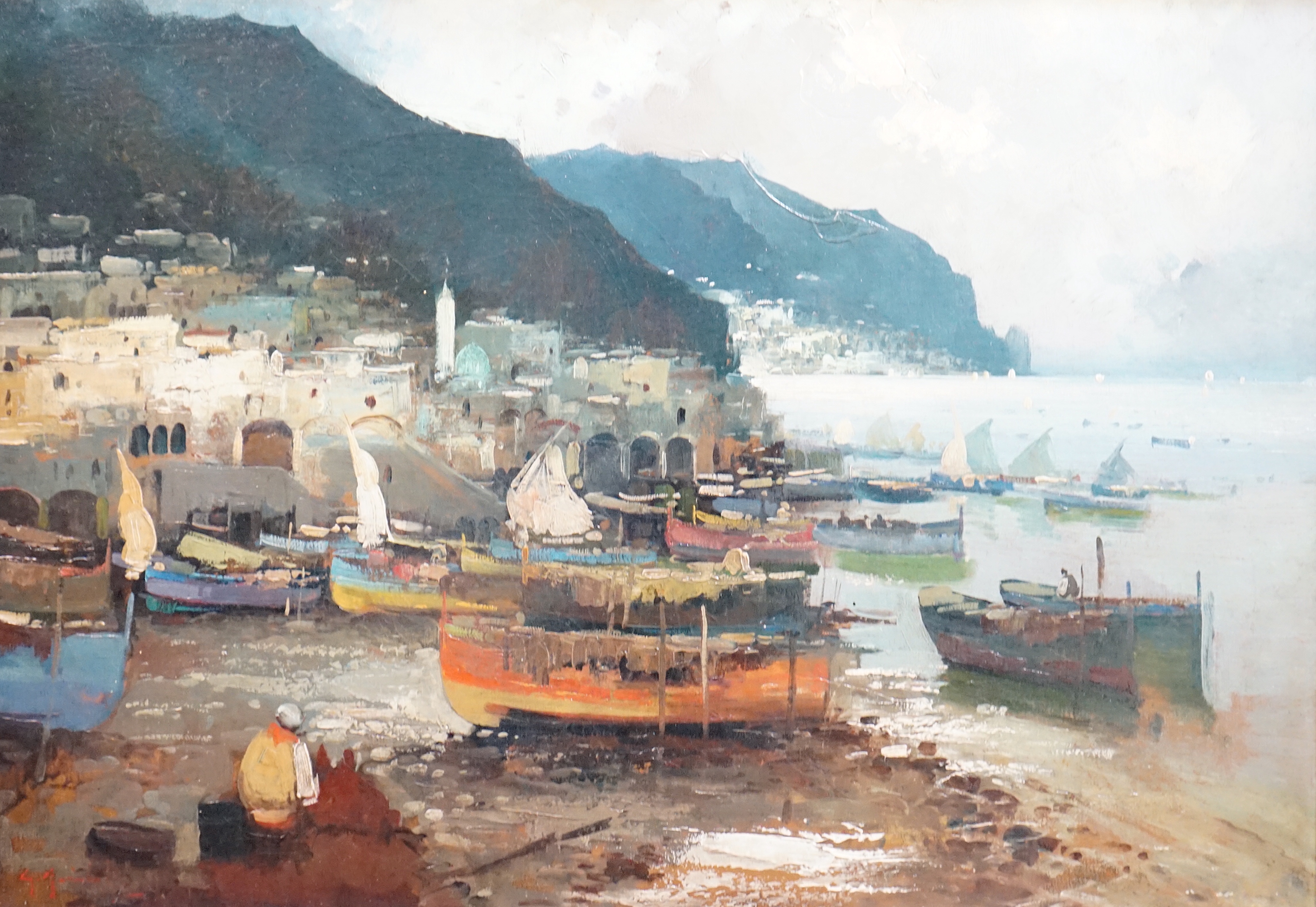 Italian School, oil on canvas, View along the Amalfi coast, indistinctly signed, 48 x 69cm